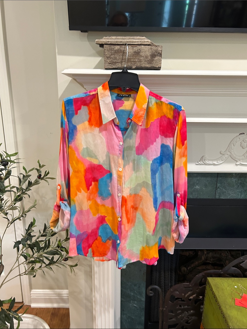 Colorful Watercolor Print Button-Up Blouse